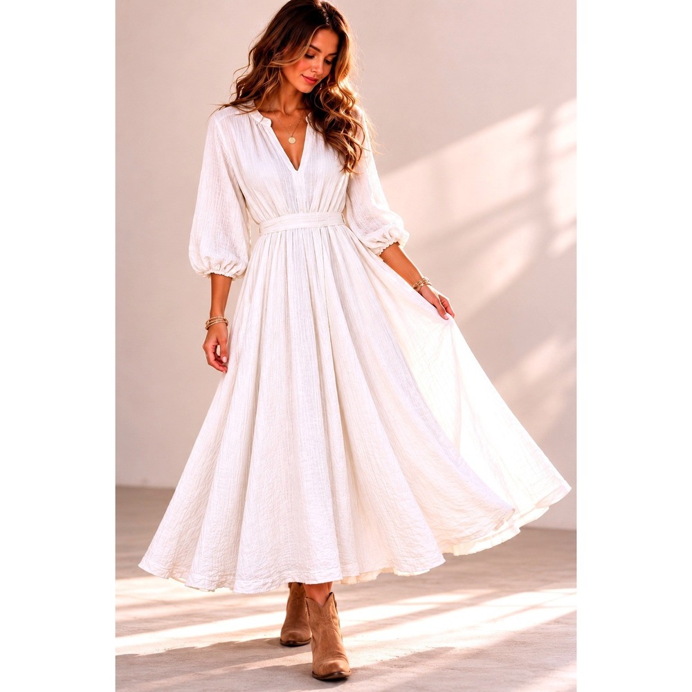 Ivory Gauze Maxi Dress Womens XL Belted Balloon Sleeve Boho Cottagecore Prairie